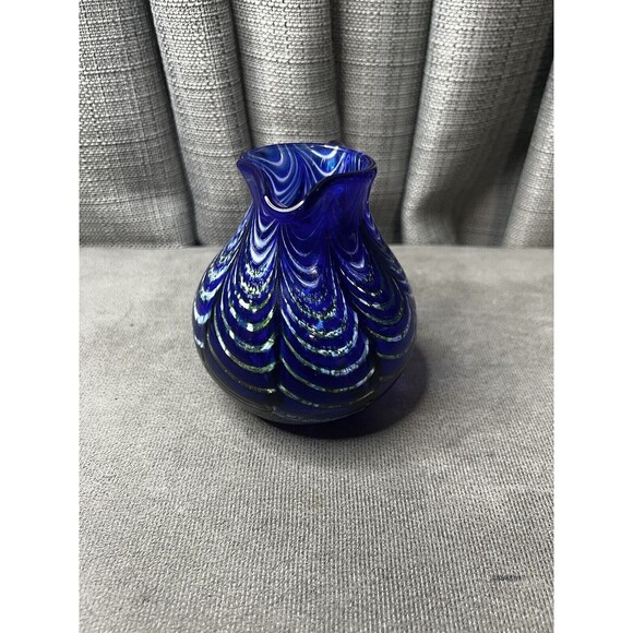 Kyle Gribskov Cobalt Blue Iridescent Inlaid Swirls Wave Blown Art Glass Pitcher - Picture 3 of 16
